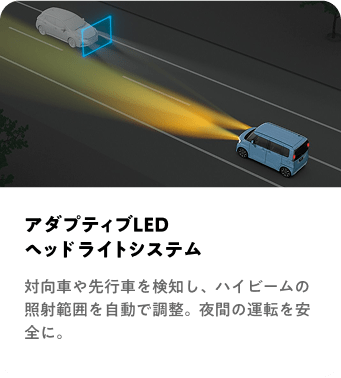 アダプティブLEDヘッドライトシステム 対向車や先行車を検知し、ハイビームの照射範囲を自動で調整。夜間の運転を安全に。