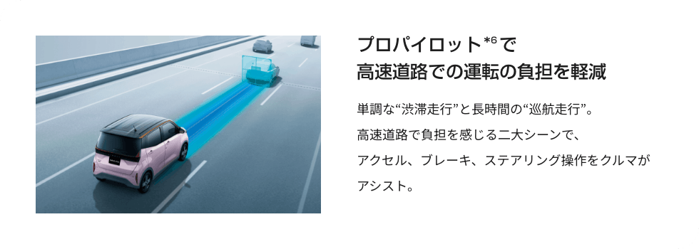 プロパイロットで高速道路での運転の負担を軽減 単調な“渋滞走行”と長時間の“巡航走行”。高速道路で負担を感じる二大シーンで、アクセル、ブレーキ、ステアリング操作をクルマがアシスト。