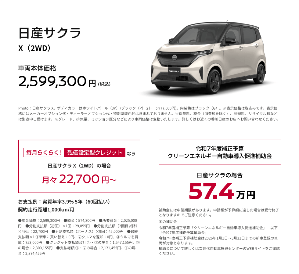 日産サクラ X（2WD） 車両本体価格2,599,300円(税込)／残価設定型クレジットなら月々22,700円〜／令和7年度補正予算クリーンエネルギー自動車導入促進補助金 日産サクラの場合 57.4万円