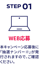 STEP01 WEB応募 本キャンペーン応募後に「抽選ナンバー※」が発行されますので、ご確認ください。