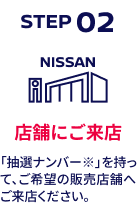 STEP02 店舗にご来店 「抽選ナンバー※」を持って、ご希望の販売店舗へご来店ください。