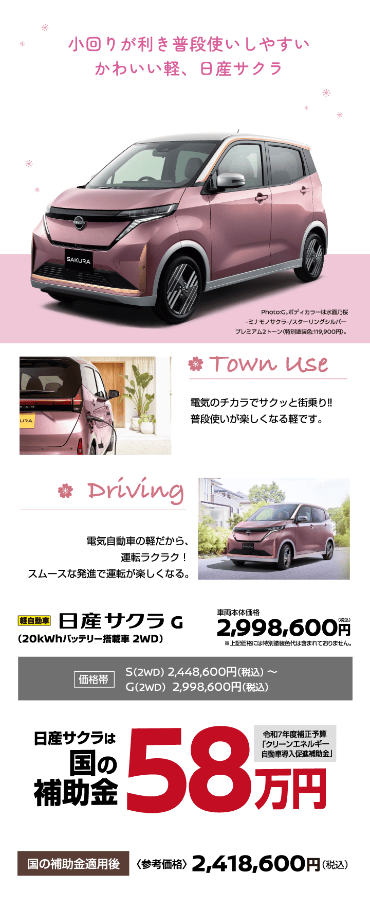 日産サクラ【SAKURA】小回りが利き普段使いしやすいかわいい軽、日産サクラ《日産サクラは国の補助金57.4万円》