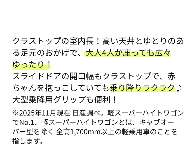 クラストップの室内長！高い天井とゆとりのある足元のおかげで、大人4人が座っても広々ゆったり！スライドドアの開口幅もクラストップで、赤ちゃんを抱っこしていても乗り降りラクラク♪大型乗降用グリップも便利！