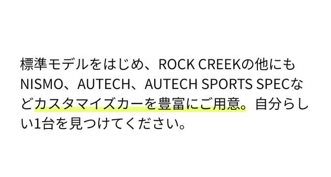 標準モデルをはじめ、ROCK CREEKの他にもNISMO、AUTECH、AUTECH SPORTS SPECなどカスタマイズカーを豊富にご用意。自分らしい1台を見つけてください。