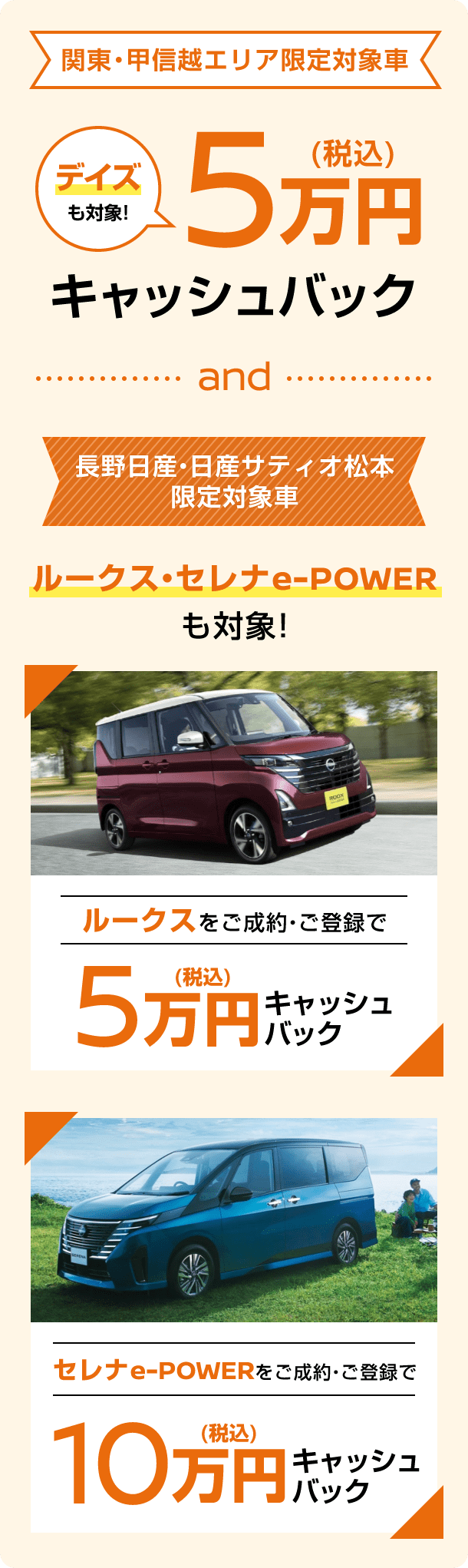 関東・甲信越エリア限定対象者 デイズも対象! 5万円(税込)キャシュバック