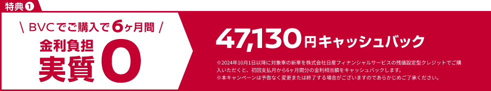 BVCでご購入で6ヶ月間 金利負担実質0＆47,130円キャッシュバック