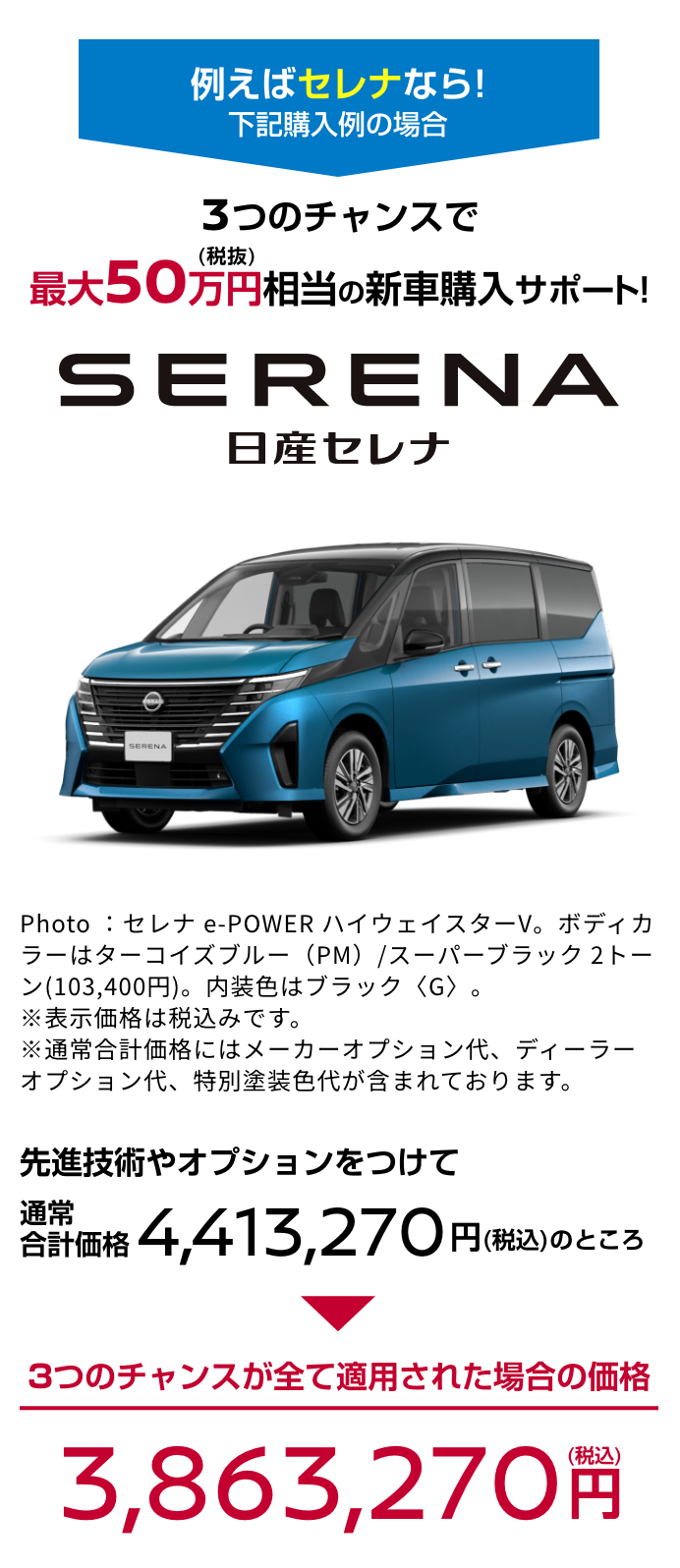 SERENA 日産セレナ｜3つのチャンスで最大50万円（税抜）相当の新車購入サポート!