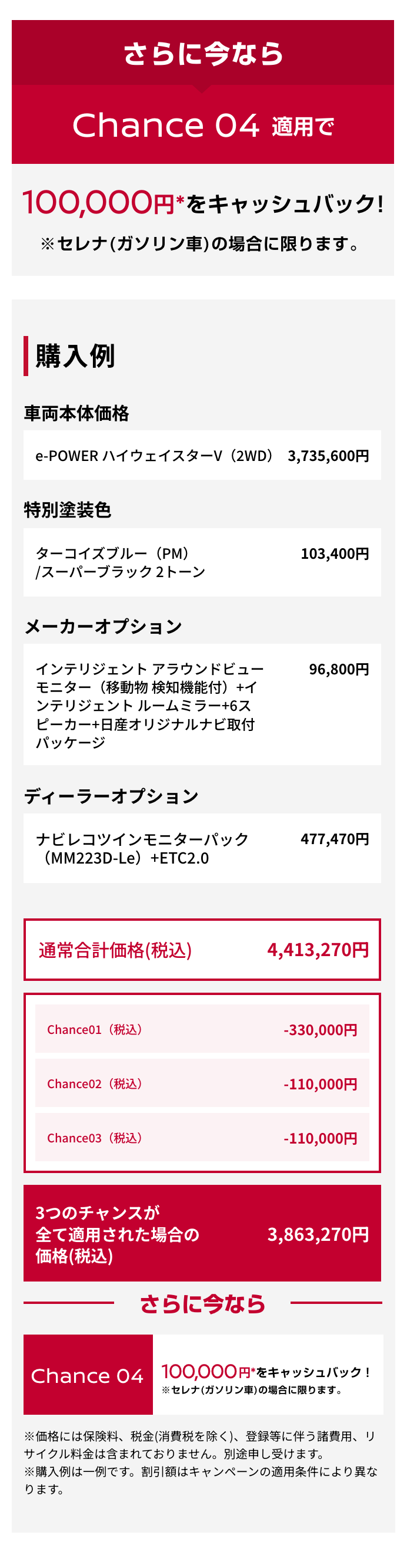 さらに今ならChance 04適用で100,000円をキャッシュバック!｜購入例｜車両本体価格（税込）