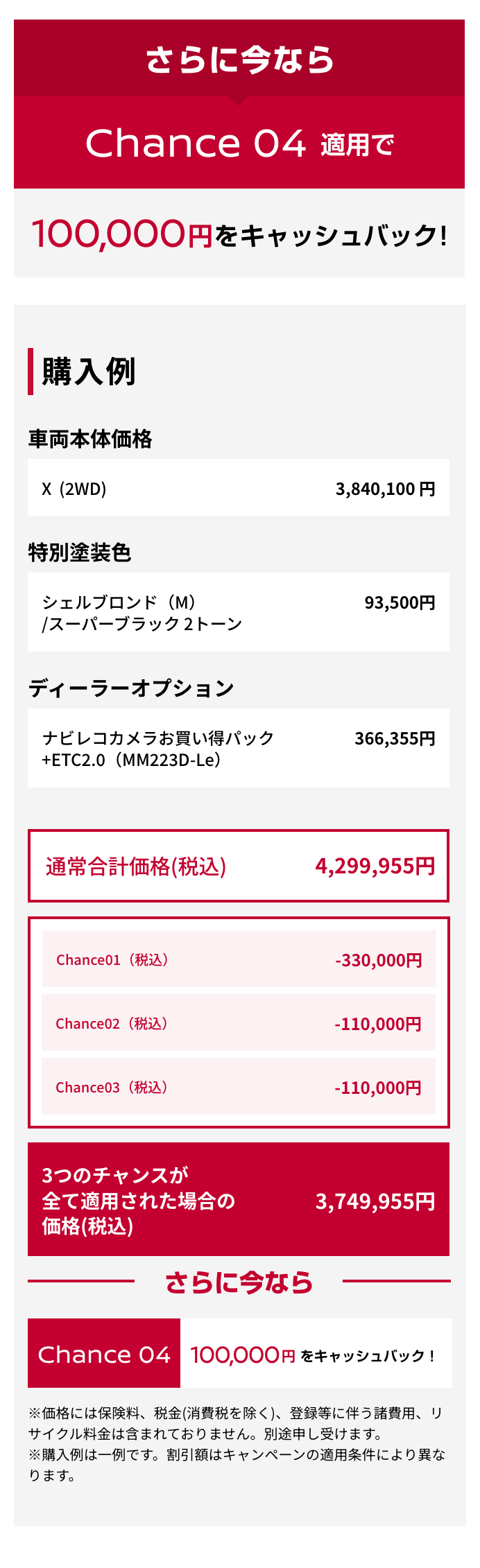 さらに今ならChance 04適用で100,000円をキャッシュバック!｜購入例｜車両本体価格（税込）
