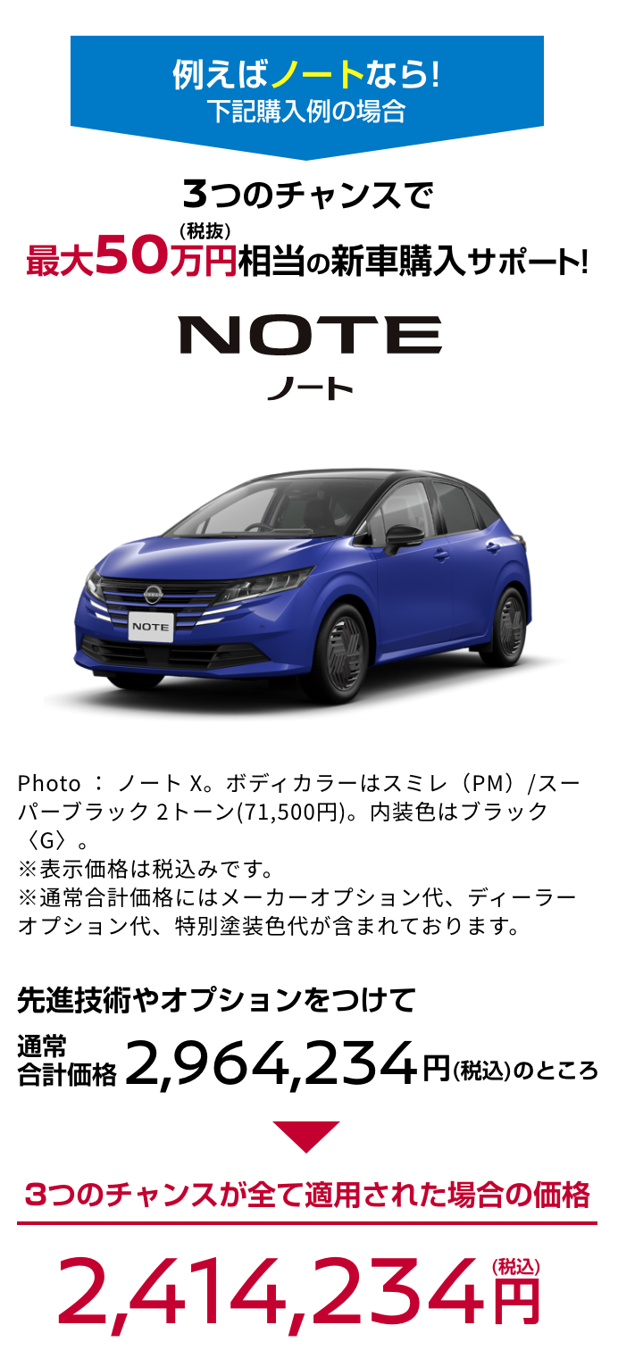 NOTE ノート｜3つのチャンスで最大50万円（税抜）相当の新車購入サポート!