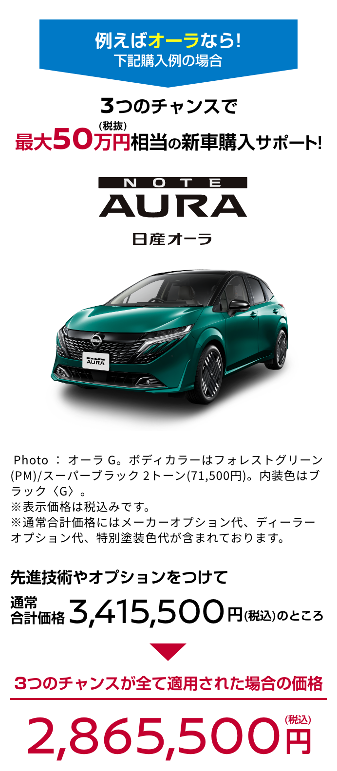 AURA 日産オーラ｜3つのチャンスで最大50万円（税抜）相当の新車購入サポート!