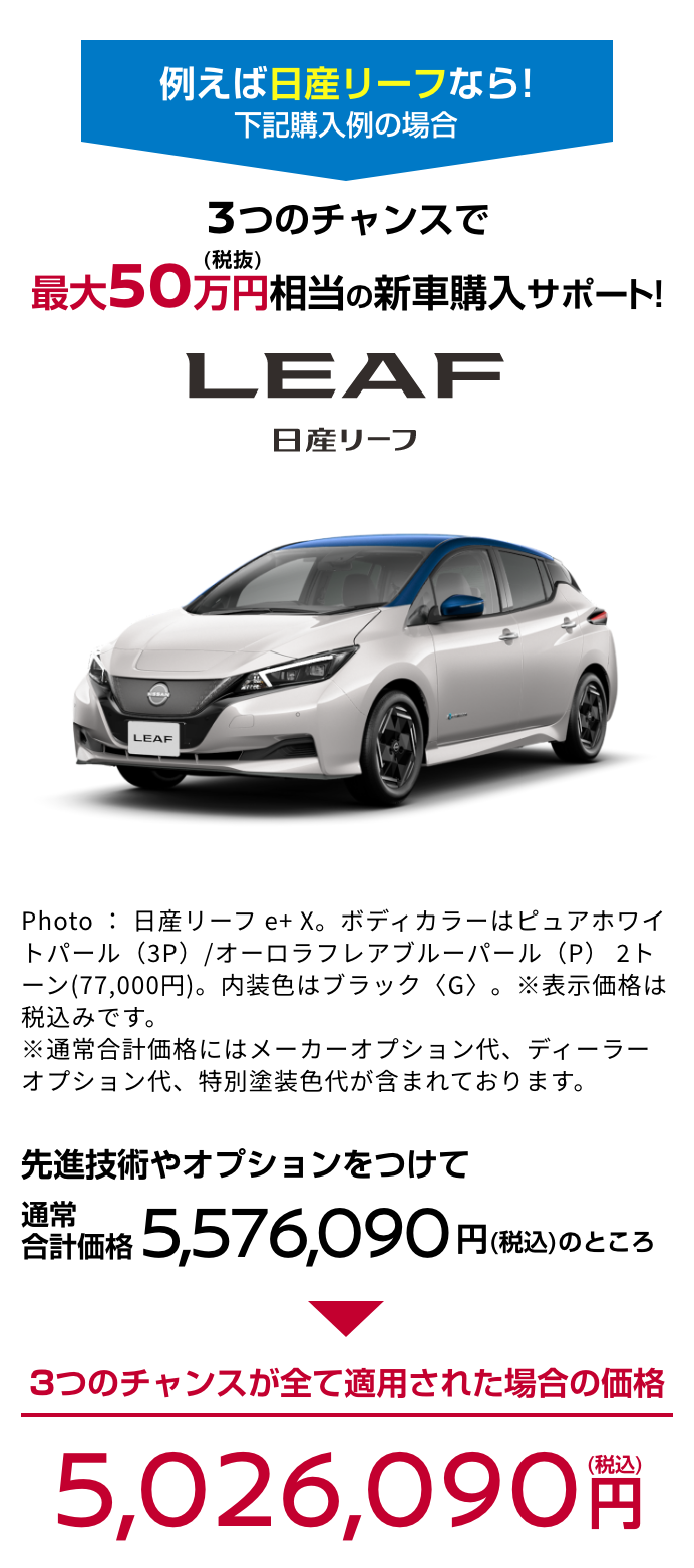LEAF 日産リーフ｜3つのチャンスで最大50万円（税抜）相当の新車購入サポート!