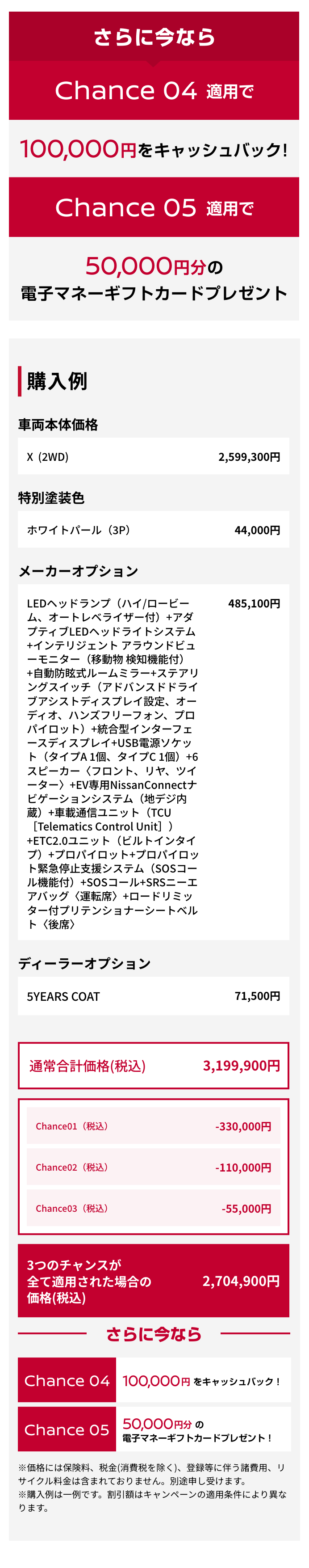さらに今ならChance 04適用で100,000円をキャッシュバック!｜Chance 05適用で50,000円分の電子マネーギフトカードプレゼント｜購入例｜車両本体価格（税込）