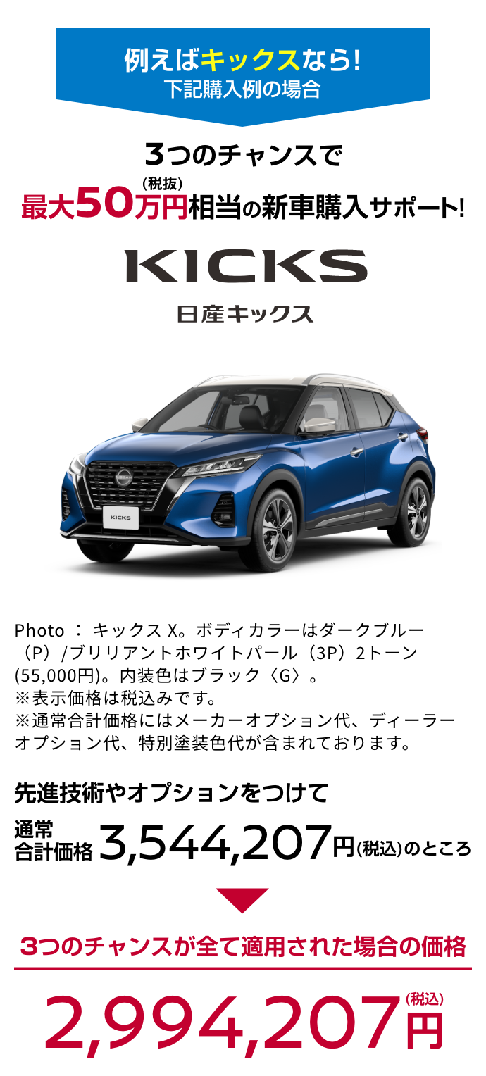 KICKS 日産キックス｜3つのチャンスで最大50万円（税抜）相当の新車購入サポート!