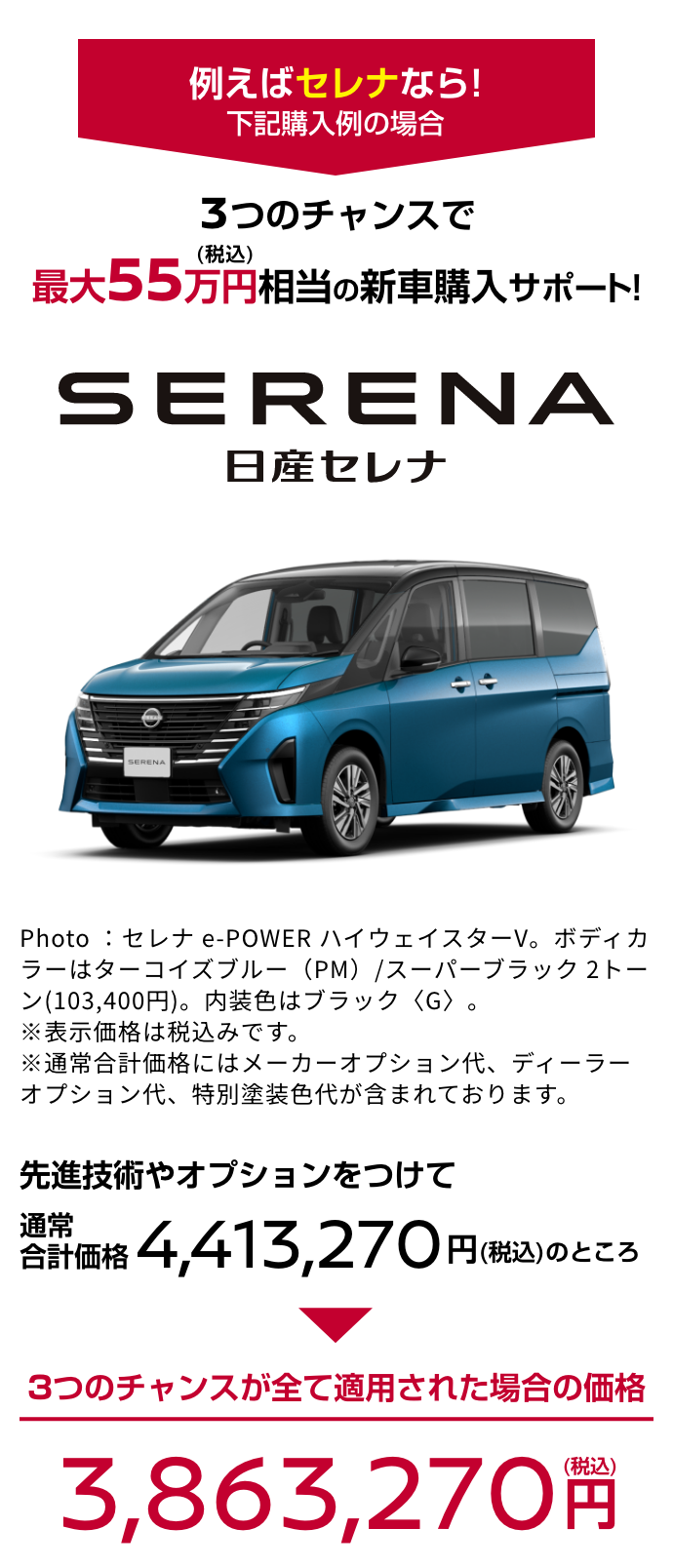 SERENA 日産セレナ｜3つのチャンスで最大55万円（税込）相当の新車購入サポート!
