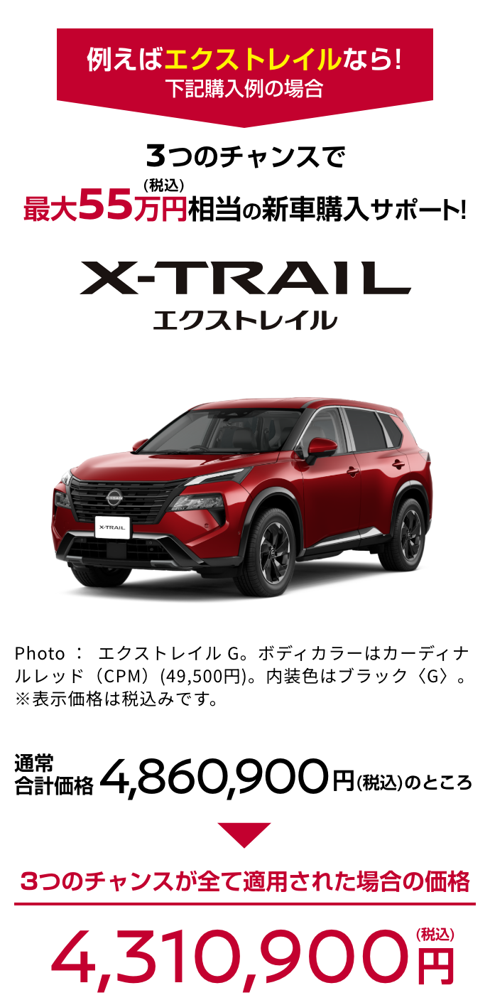 X-TRAIL エクストレイル｜3つのチャンスで最大55万円（税込）相当の新車購入サポート!