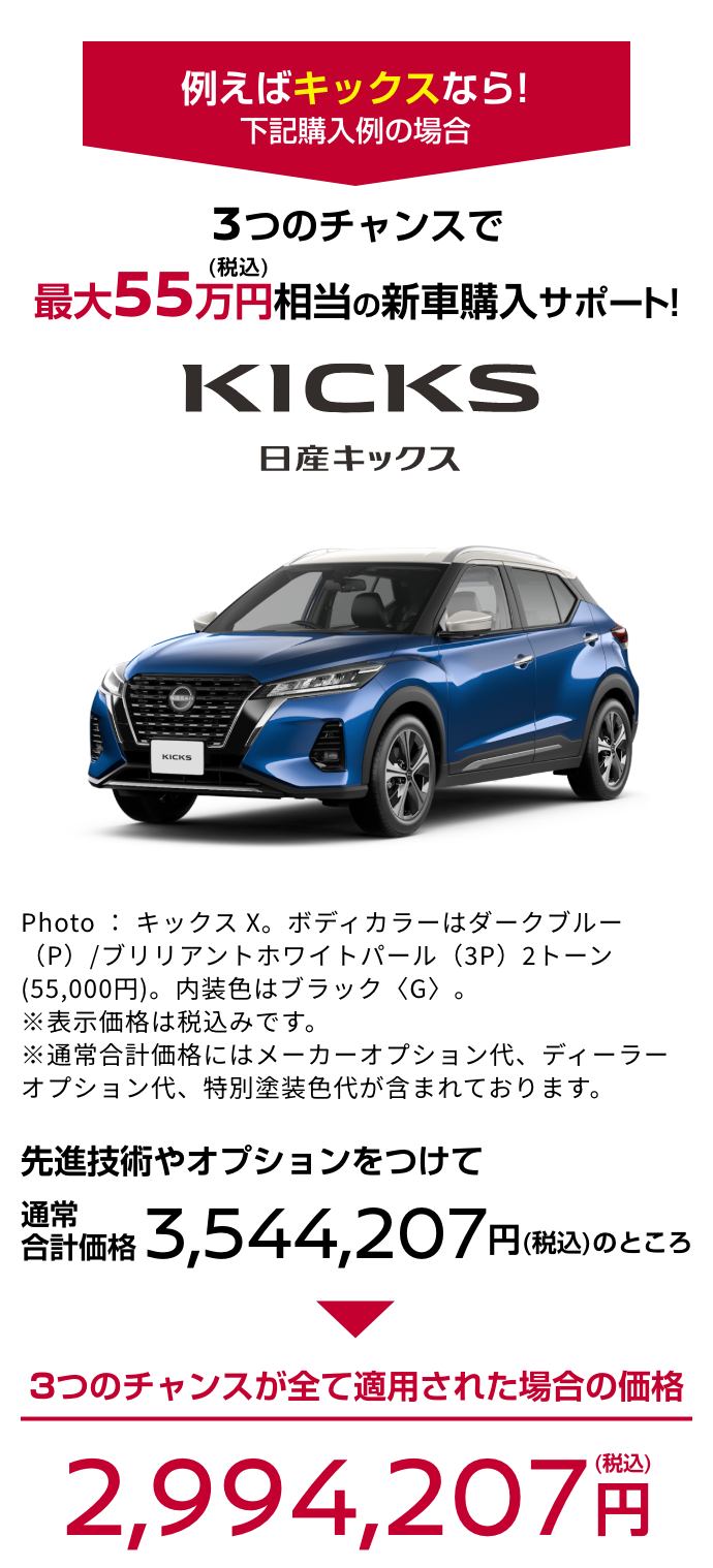 KICKS 日産キックス｜3つのチャンスで最大55万円（税込）相当の新車購入サポート!