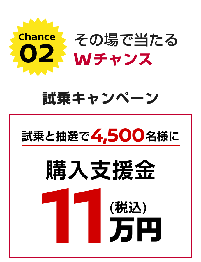 Chance 02｜その場で当たるWチャンス｜試乗キャンペーン｜試乗と抽選で4,500名様に購入支援金11万円（税込）
