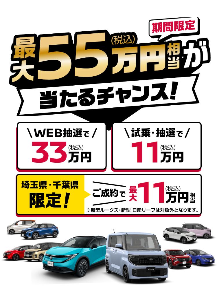 Powered by 埼玉日産｜期間限定｜最大55万円相当が当たるチャンス!WEB抽選で税込33万円、試乗・抽選で税込11万円、さらに埼玉県・千葉県限定で税込最大11万円相当の最大55万円が当たるキャンペーン実施中!