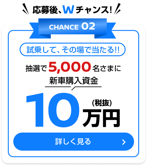 応募後、Wチャンス！ CHANCE02 試乗して、その場で当たる！！抽選で5,000名さまに新車購入資金10万円(税抜)