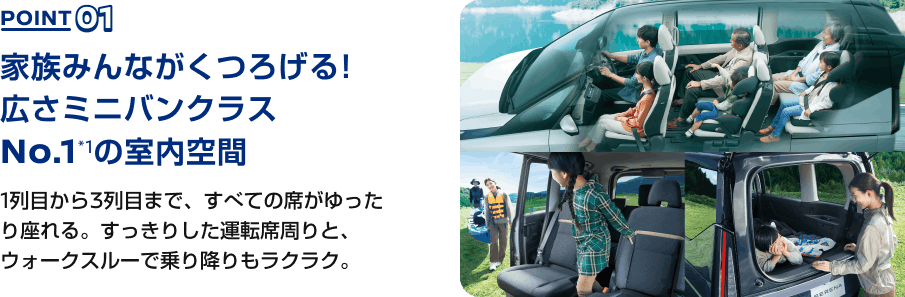 POINT01 家族みんながくつろげる！広さミニバンクラスNo.1*1の室内空間