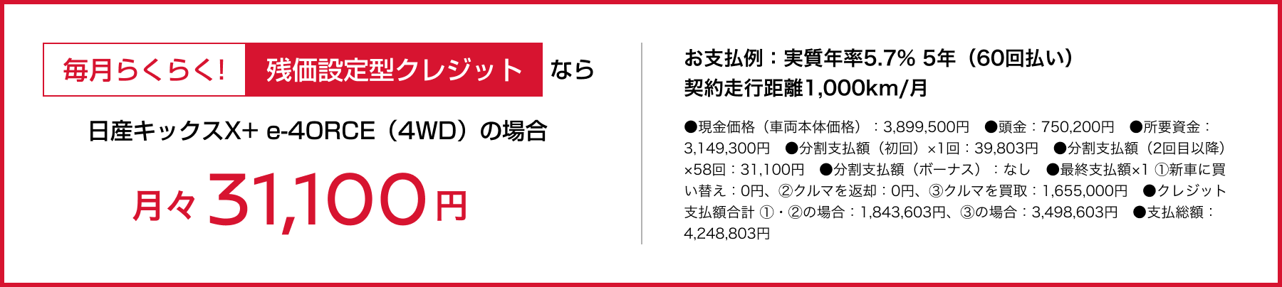 毎月らくらく!残価設定型クレジットなら月々31,100円