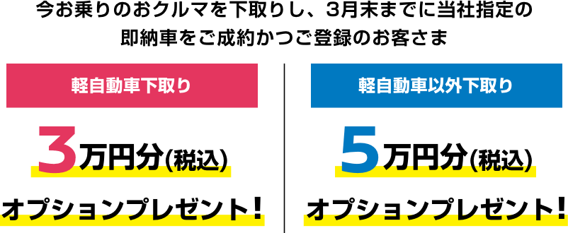 今お乗りのおクルマを下取りし、3月末までに当社指定の即納車をご成約かつご登録のお客さま [軽自動車下取り]3万円分オプションプレゼント! [軽自動車以外下取り]5万円分オプションプレゼント!