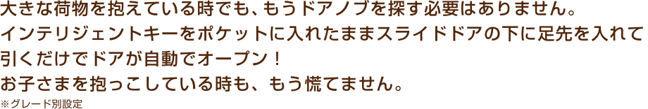 大きな荷物を抱えている時でも、もうドアノブを探す必要はありません。インテリジェントキーをポケットに入れたままスライドドアの下に足先を入れて引くだけでドアが自動でオープン！お子さまを抱っこしている時も、もう慌てません。※グレード別設定