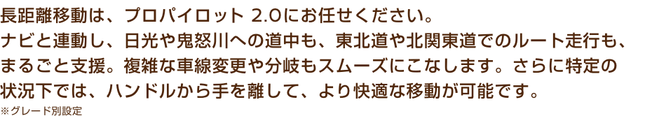 長距離移動は、プロパイロット 2.0にお任せください。ナビと連動し、日光や鬼怒川への道中も、東北道や北関東道でのルート走行も、まるごと支援。複雑な車線変更や分岐もスムーズにこなします。さらに特定の状況下では、ハンドルから手を離して、より快適な移動が可能です。※グレード別設定
