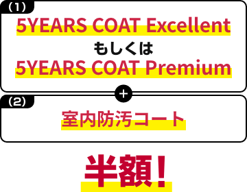 (1)5YEARS COAT Excellent もしくは 5YEARS COAT Premiun + (2)室内防汚コート 半額!