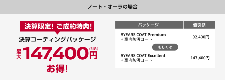 ノート・オーラの場合 決算限定! ご成約特典! 決算コーティングパッケージ 最大147,400円お得!