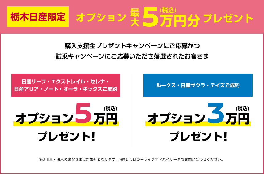 栃木日産限定 オプション最大5万円(税込)分プレゼント