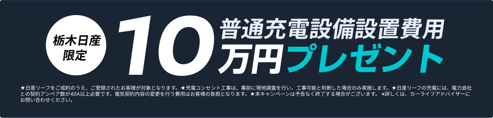 栃木日産限定 普通充電設備設置費用10万円プレゼント