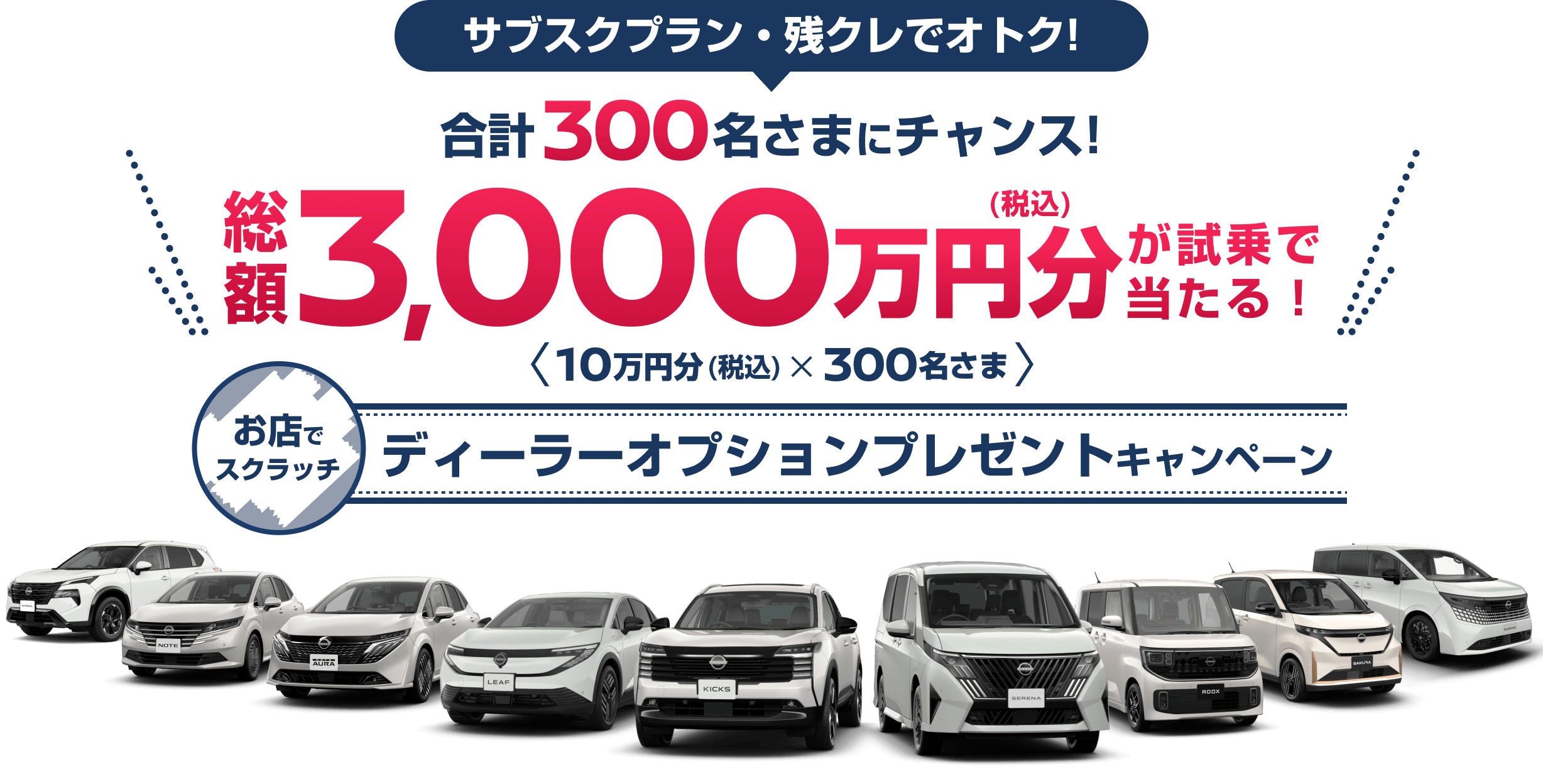 サブスクプラン・残クレでオトク! 合計300名さまにチャンス! 総額3,000万円分(税込)が試乗で当たる! お店でスクラッチ ディーラーオプションプレゼントキャンペーン