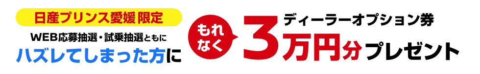 日産プリンス愛媛限定 WEB応募抽選・試乗抽選ともにハズレてしまった方にもれなくディーラーオプション券3万円分プレゼント