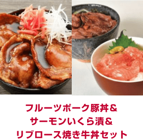 フルーツポーク豚丼＆サーモンいくら漬＆リブロース焼き牛丼セット