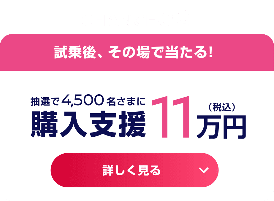 CHANCE02 試乗後、その場で当たる! 抽選で4,500名さまに購入支援11万円（税込） 詳しく見る