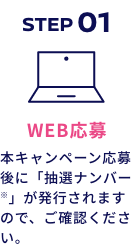 STEP01 WEB応募 本キャンペーン応募後に「抽選ナンバー※」が発行されますので、ご確認ください。