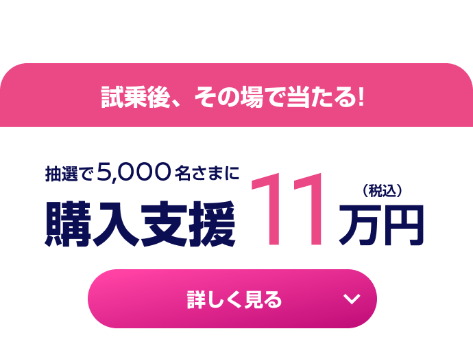 CHANCE02 試乗後、その場で当たる！抽選で5,000名さまに購入支援11万円（税込） 詳しく見る