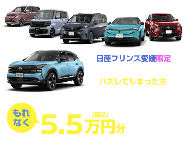 日産プリンス愛媛限定 WEB応募抽選・試乗抽選ともにハズレてしまった方にもれなくディーラーオプション券5.5万円（税込）分プレゼント