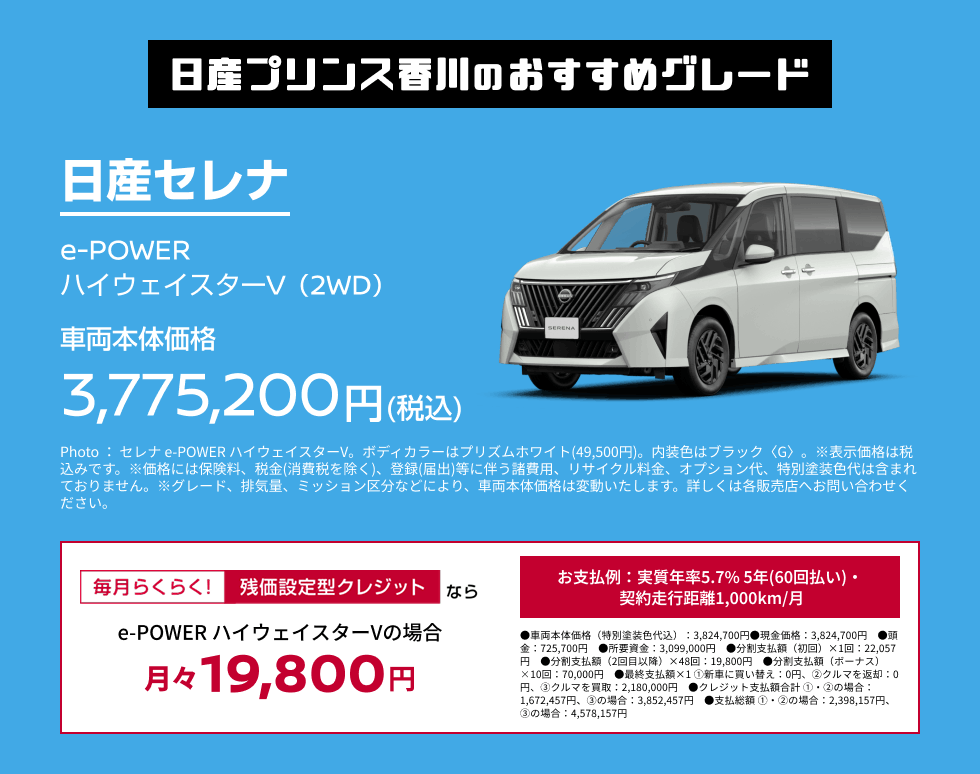 日産プリンス香川のおすすめグレード 日産セレナ e-POWER ハイウェイスターV（2WD） 車両本体価格3,775,200円(税込) 毎月らくらく! 残価設定型クレジットならe-POWER ハイウェイスターVの場合 月々19,800円