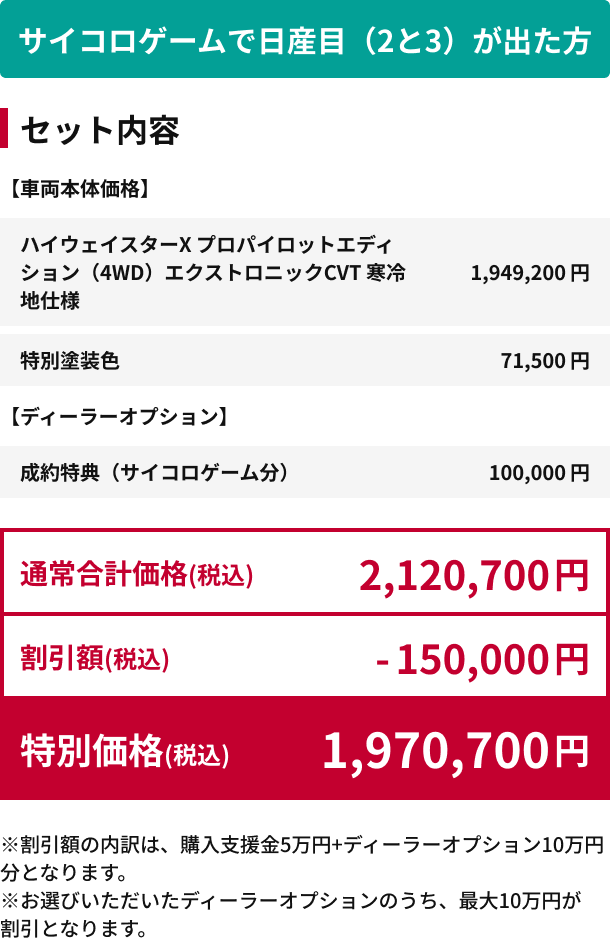 サイコロゲームで日産目（2と3）が出た方 特別価格(税込)1,970,700円