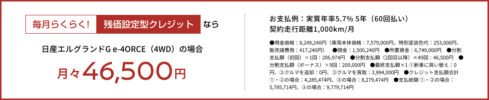 毎月らくらく!残価設定型クレジットなら月々46,500円