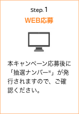 Step.1 WEB応募 本キャンペーン応募後に「抽選ナンバー※」が発行されますので、ご確認ください。