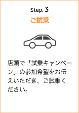 Step.3 ご試乗 店頭で「試乗キャンペーン」の参加希望をお伝えいただき、ご試乗ください。