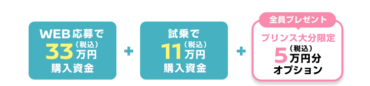 WEB応募で33万円（税込）購入資金 + 試乗で購入資金11万円（税込） + プリンス大分限定5万円分（税込）オプション