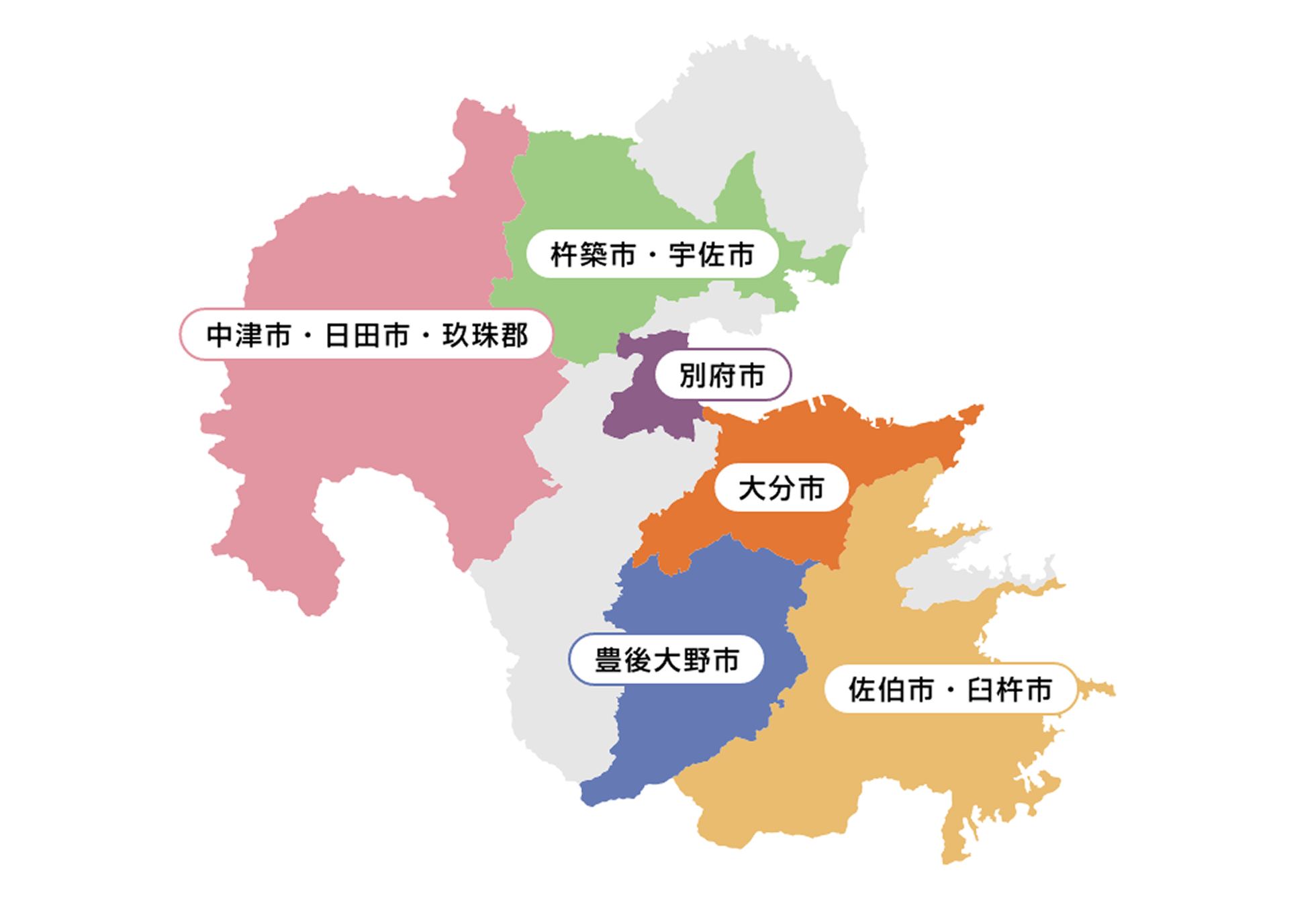大分県内の店舗エリアマップ。大分市、別府市、中津市・日田市・玖珠郡、佐伯市・臼杵市、杵築市・宇佐市、豊後大野市
