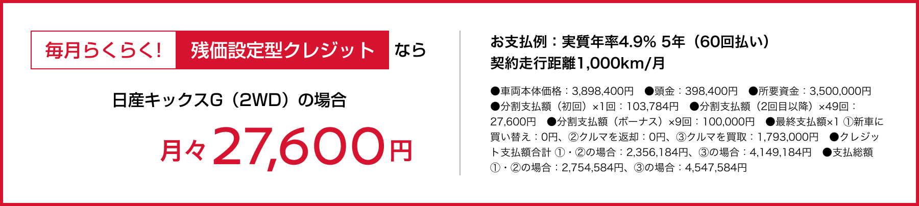 毎月らくらく! 残価設定型クレジットなら日産キックスG 2WDの場合、月々27,600円。実質年率4.9%、5年60回払い、契約走行距離1,000km/月