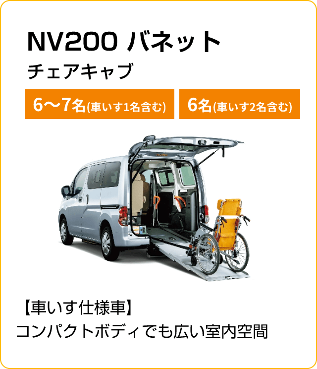 NV200 バネットチェアキャブ 6～7名(車いす1名含む) 6名(車いす2名含む)