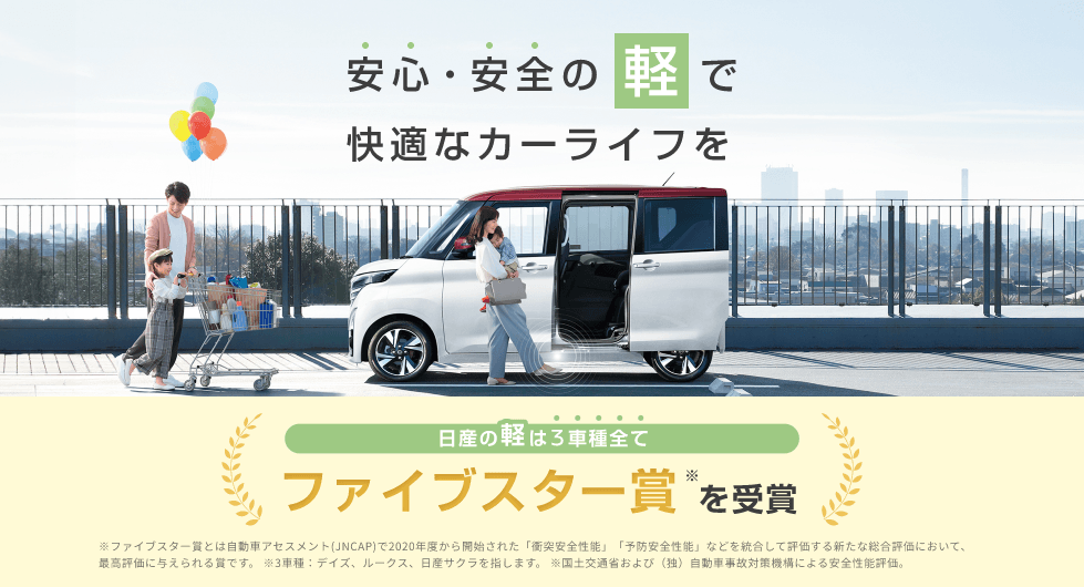 安心・安全の軽で快適なカーライフを日産の軽は３車種全て安全性能最高評価ファイブスター賞を受賞